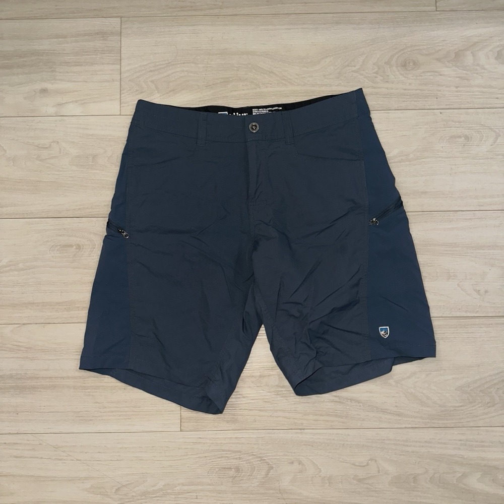 Kuhl Shorts Mens Size 34x10 Lightweight Outdoor Hiking Blue Logo Nylon
